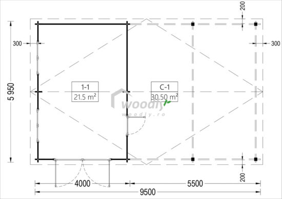 Proiect Garaj din lemn cu carport dublu, 10x6m, 60mp, perete de 44mm, MULTI