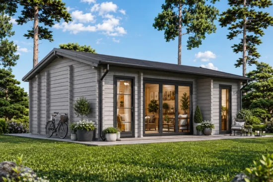 Casă din lemn la cheie, MILA, modulară, neizolată, 56 mp, o cameră, baie, verandă, perete unic de 44mm, Pin Nordic, 8x7m