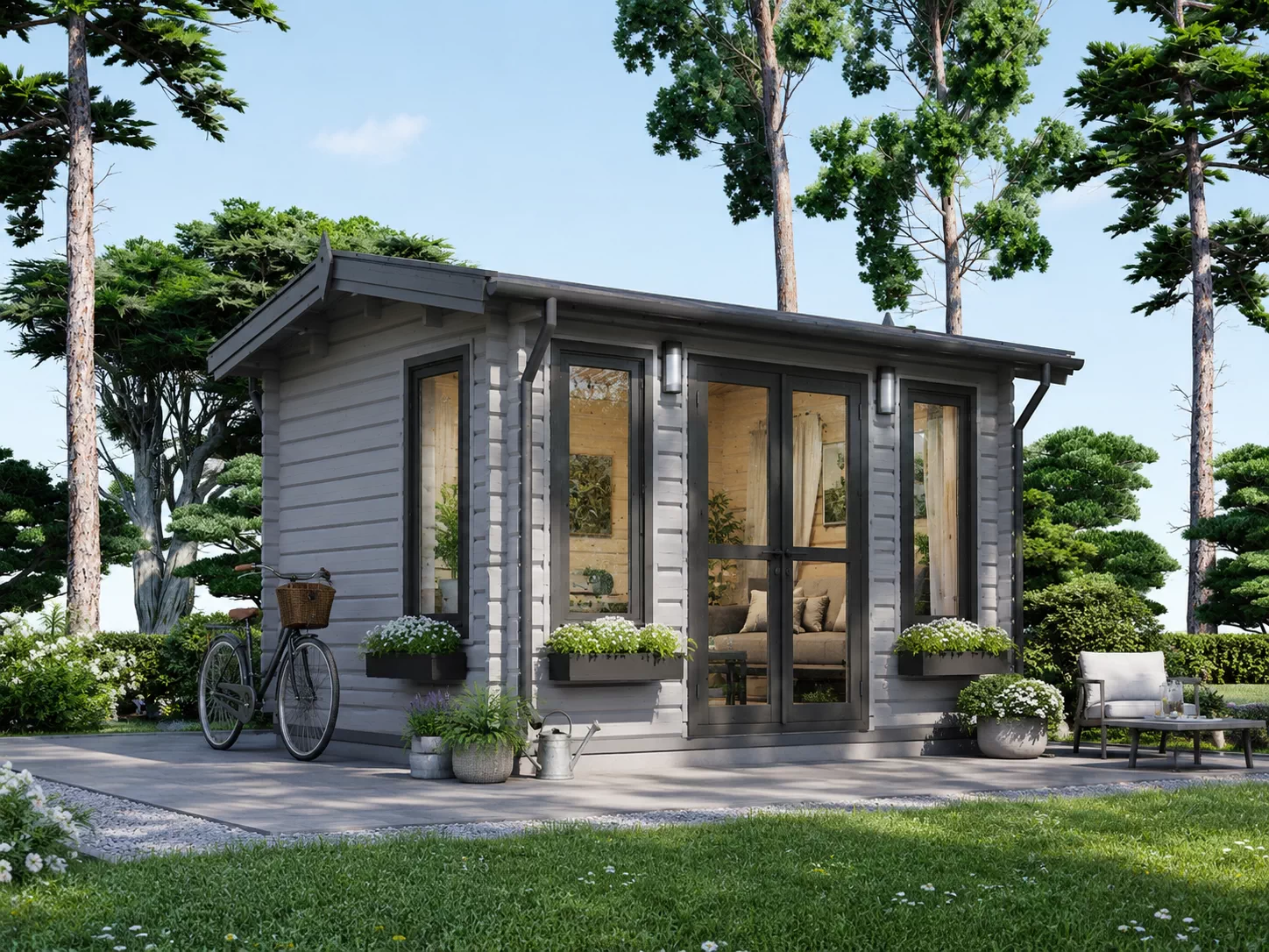 Casuta de gradina, pentru piscina, Atelier din lemn, studio din lemn, la cheie, POOLHOUSE, modular, 12mp, o camera, 4x3m, perete unic de 44mm, Pin Nordic