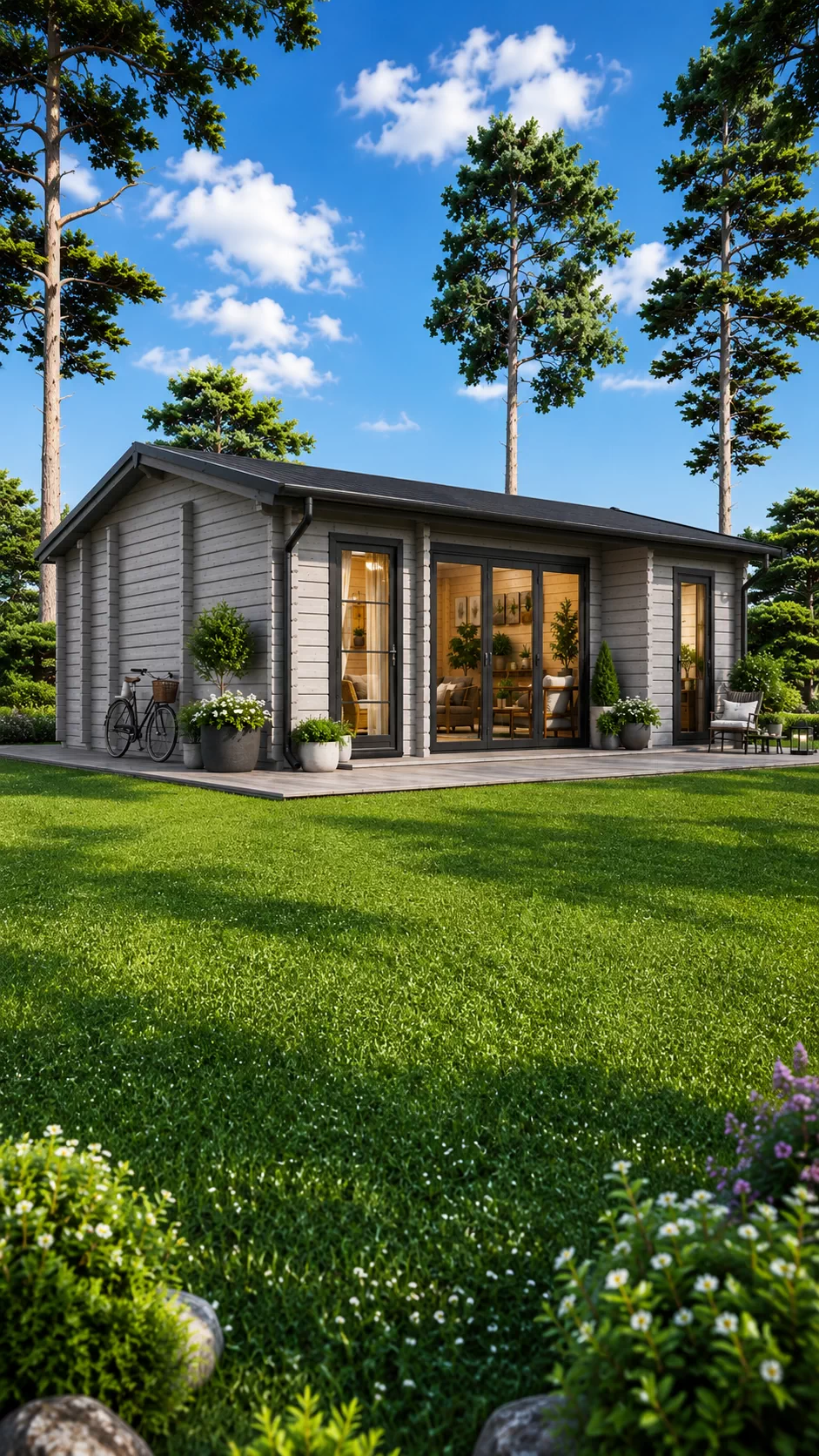 Casă din lemn la cheie, MILA, modulară, neizolată, 56 mp, o cameră, baie, verandă, perete unic de 44mm, Pin Nordic, 8x7m