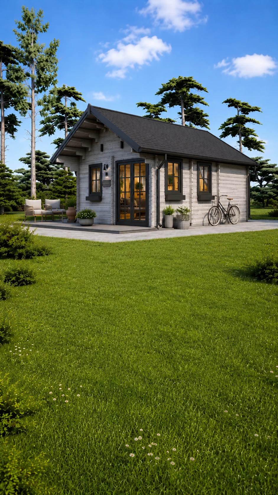 Casă din lemn modulară 37mp, cu living, 1 dormitor, baie, prefabricată, 5x6m, pin nordic Finlanda, SCOOT