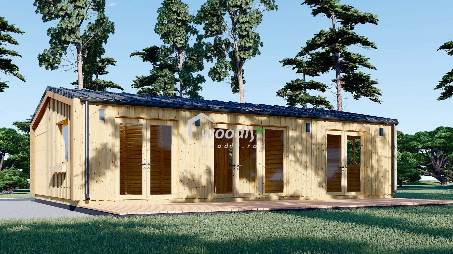 Casă din lemn , 63mp, 4 camere, baie, 10x6m, perete unic de 44mm, Pin Nordic, SELENE