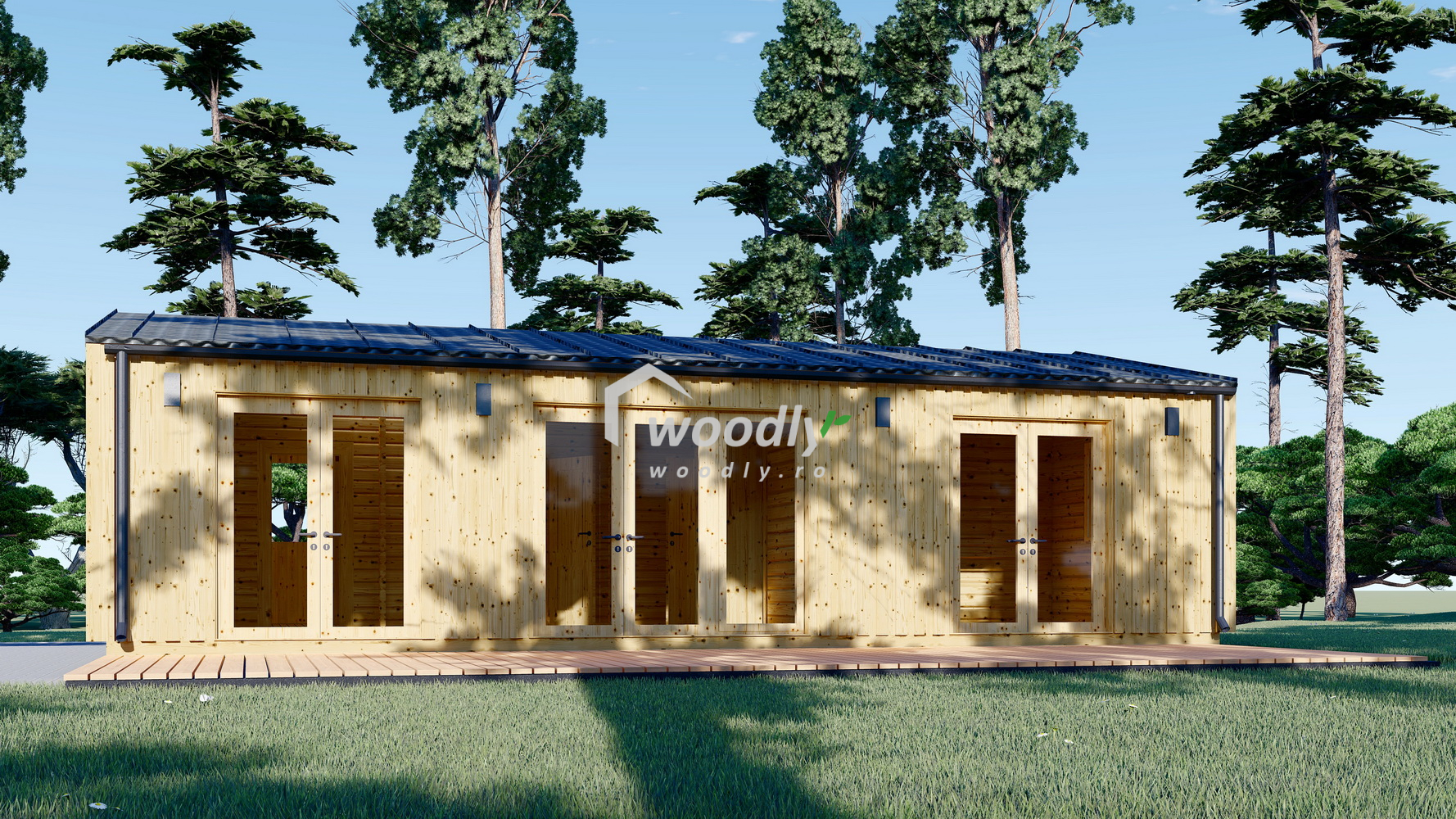 Casă din lemn , 63mp, 4 camere, baie, 10x6m, perete unic de 44mm, Pin Nordic, SELENE