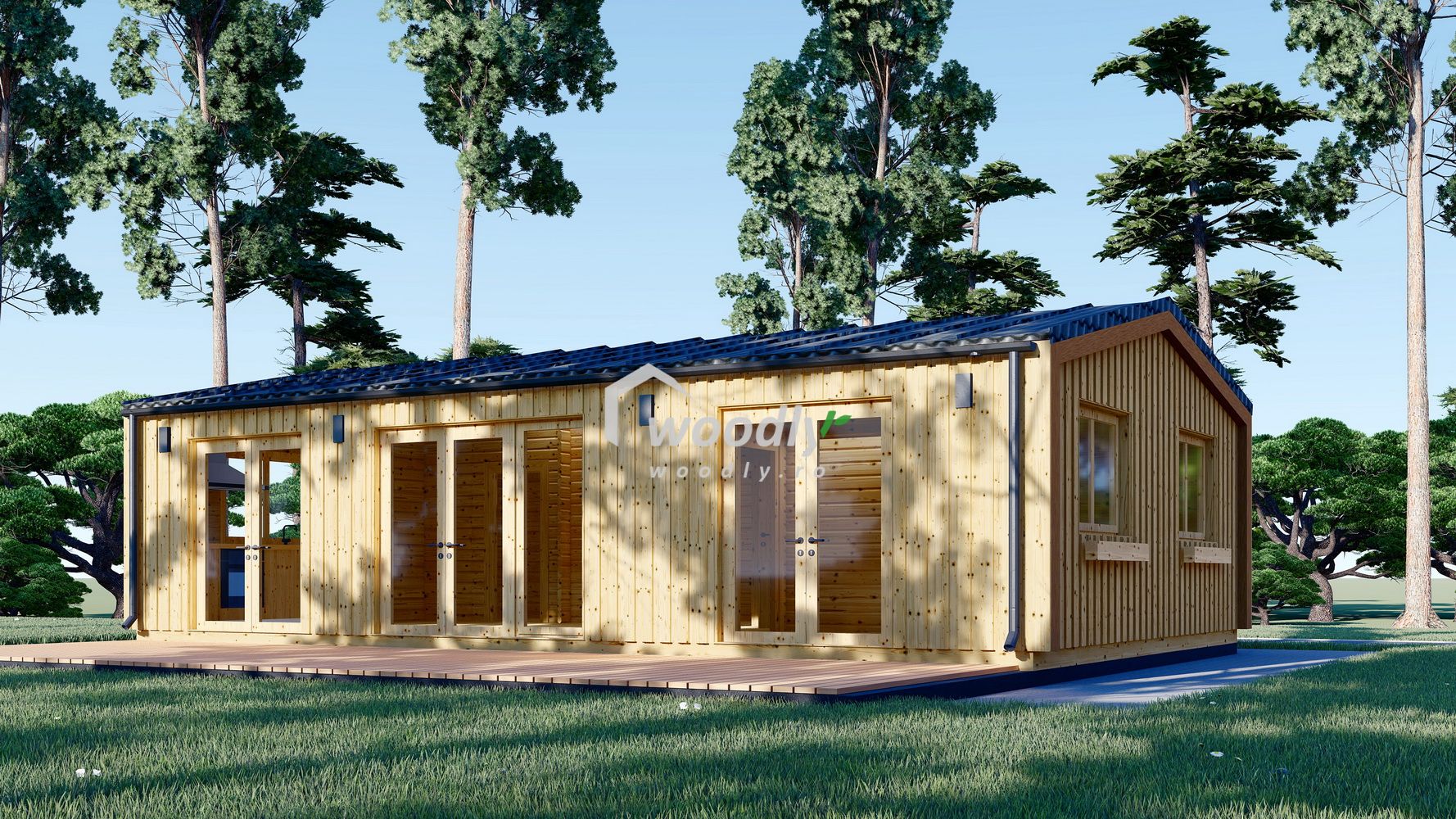 Casă din lemn , 63mp, 4 camere, baie, 10x6m, perete unic de 44mm, Pin Nordic, SELENE