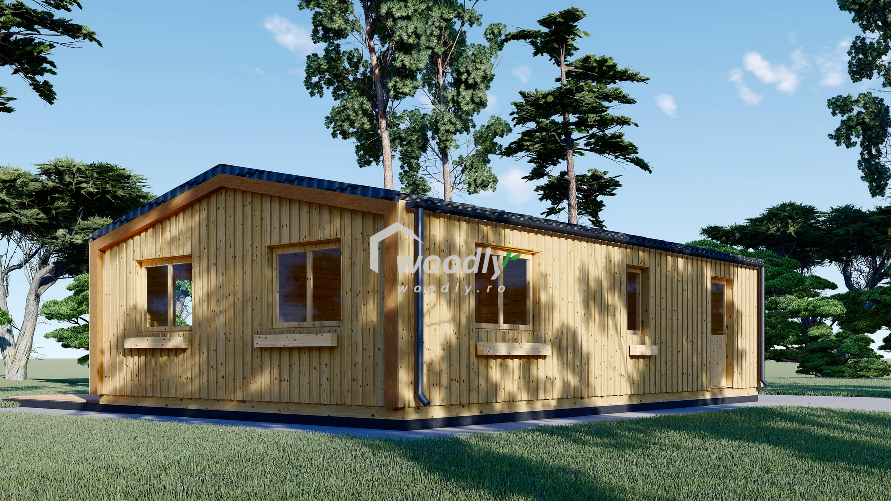 Casă din lemn , 63mp, 4 camere, baie, 10x6m, perete unic de 44mm, Pin Nordic, SELENE