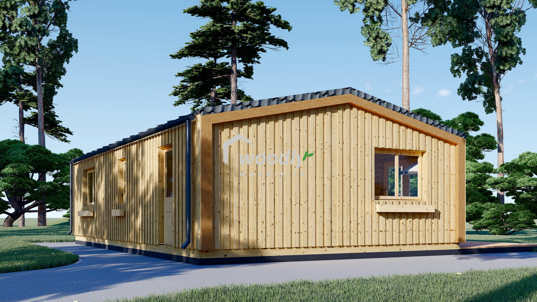 Casă din lemn , 63mp, 4 camere, baie, 10x6m, perete unic de 44mm, Pin Nordic, SELENE