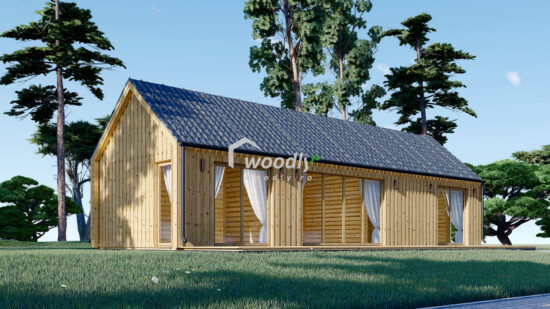 Casă din lemn izolată, 50mp, 3 camere, baie, 12x4m, perete dublu de 44mm + izolație + 20mm, Pin Nordic, ADALINE