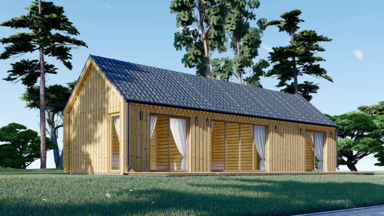 Casă din lemn izolată, 50mp, 3 camere, baie, 12x4m, perete dublu de 44mm + izolație + 20mm, Pin Nordic, ADALINE