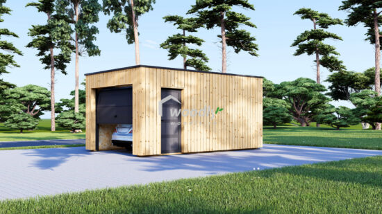 Garaj din lemn izolat, Pin Nordic, 17 mp, perete dublu de 34mm + izolație + 20mm, acoperis intr-o apa, 3x5m SILVIA F