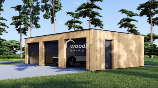 Garaj din lemn triplu izolat, Pin Nordic, 54mp, acoperiș într-o apă, perete dublu de 34mm + izolație + 20mm, 9x6m SILVIA F TRIO