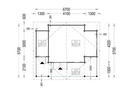 Proiect Casă din lemn, 31mp, terasă acoperită, 2 camere, perete unic de 44mm, 7x6m, PARIS