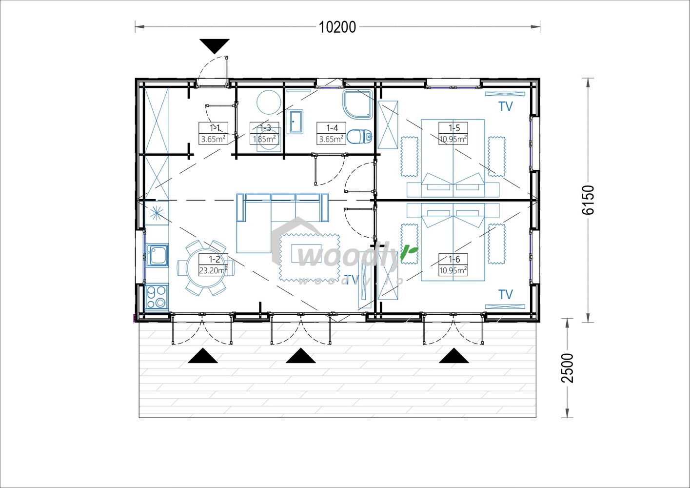 Proiect Casă din lemn , 63mp, 4 camere, baie, 10x6m, perete unic de 44mm, Pin Nordic, SELENE