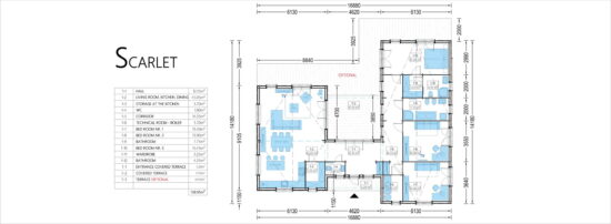 Proiect Casă din lemn izolată, 162mp, 4 camere, verandă, terasă, baie, dressing, debara, perete dublu de 44mm + izolație + 20mm, Pin Nordic, 17x14m, SCARLET