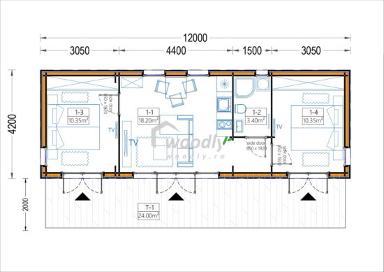 Proiect Casă din lemn izolată, 50mp, 3 camere, baie, 12x4m, perete dublu de 44mm + izolație + 20mm, Pin Nordic, ADALINE