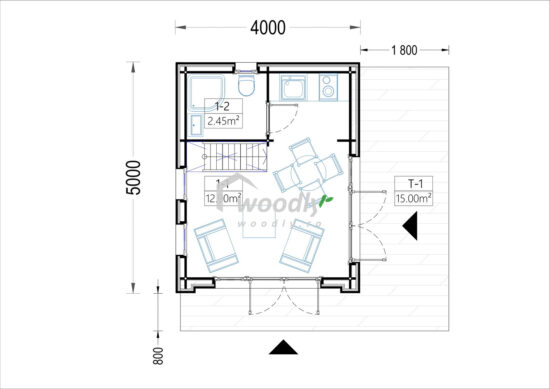 Proiect Casă din lemn izolată, 35mp, mansarda, 3 camere, 5x4m, perete dublu de 44mm + izolație + 20mm, Pin Nordic, SOPHIA