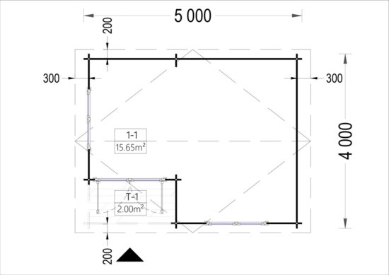 proiect Căsuță de grădină din lemn, 20mp, o camera, verandă, 5x4m, perete unic 44mm, OSLO