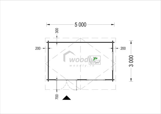 Proiect Căsuță de grădină din lemn, 15mp, consolă acoperiș prelungit, o camera, 5x3m, perete simplu de 44mm, WISSOUS