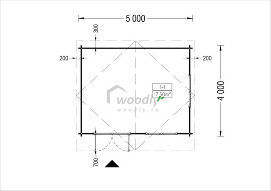 Proiect Căsuță de grădină din lemn, 20 m², acoperiș prelungit cu consola, o cameră, 5x4 m, perete simplu de 34 mm – model WISSOUS