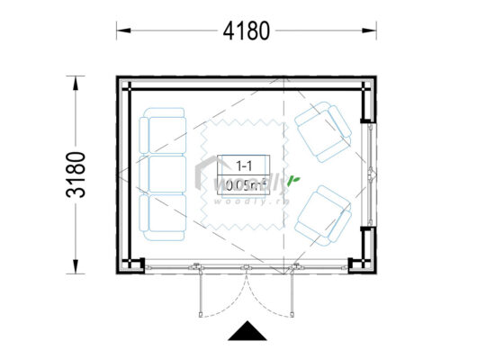 Căsuța de grădină din lemn izolată, 12mp, veranda, o camera, 4x3m, perete dublu 34mm + izolație + 20mm, TONIA