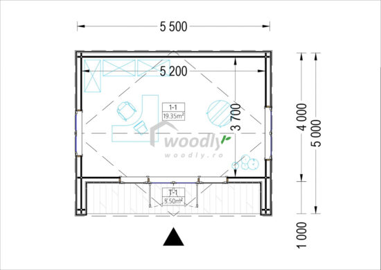 Proiect Căsuța de grădină din lemn izolată, 27mp, veranda, o camera, 6x5m, perete dublu 34mm + izolație + 20mm, Tina