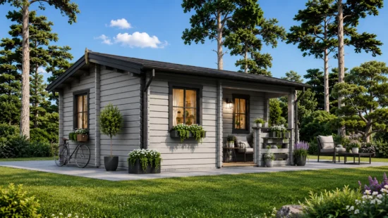 Casă din lemn modulară 28mp, cu living, 2 dormitoare, verandă, prefabricată, 6x5m, pin nordic Finlanda, NANTES