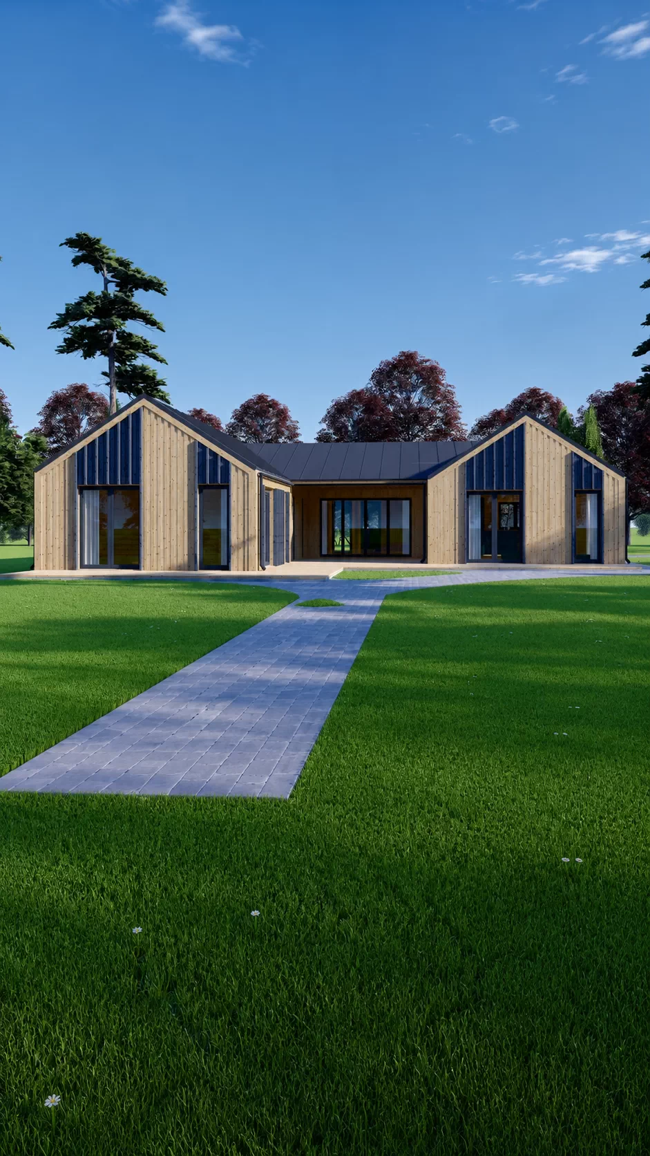 Casă din lemn modulară 139mp, cu living, 3 dormitoare, 3 băi, terasă, prefabricată, izolată, 17x14m, pin nordic Finlanda, SCARLET