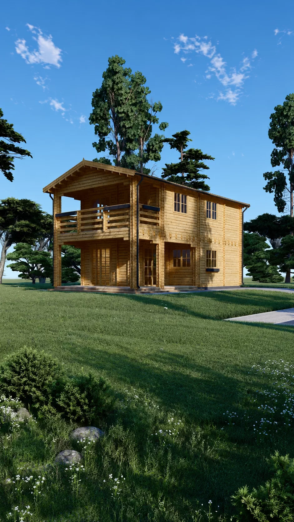 Casă din lemn la cheie, TOULOUSE, modulară, izolată, 100mp + 20 mp terasă acoperită, terasă, blacon, living, 3 dormitoare, 2 băi, 11x6m, perete dublu de 44mm + izolație + 44mm, Pin Nordic