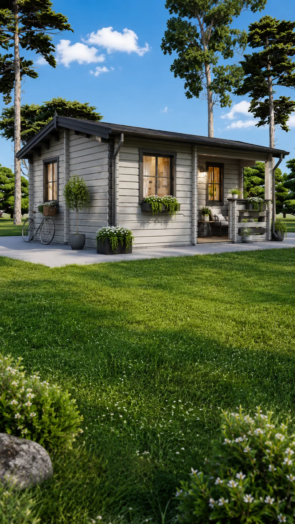 Casă din lemn modulară 28mp, cu living, 2 dormitoare, verandă, prefabricată, 6x5m, pin nordic Finlanda, NANTES