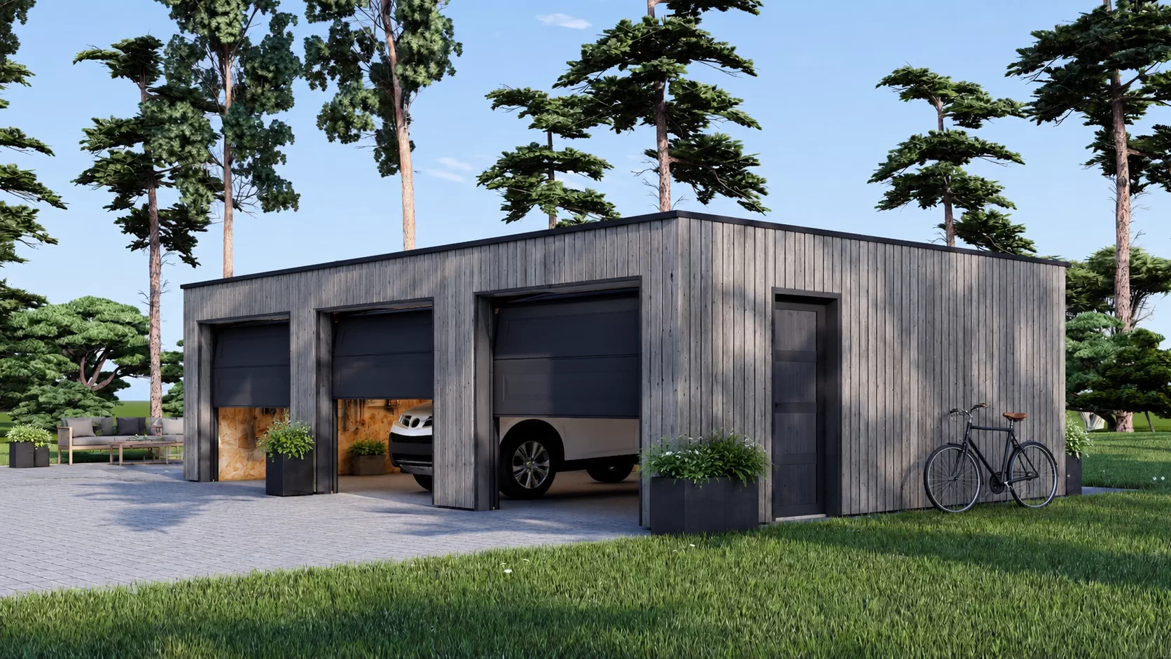 Garaj din lemn triplu izolat, la cheie, SILVIA F TRIO, modular, 54mp, acoperiș într-o apă, perete dublu de 34mm + izolație + 20mm, 9x6m