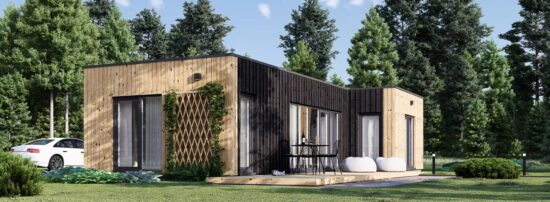 Casă din lemn izolată, 50mp, forma L, 3 camere, baie, perete dublu de 44mm + izolație + 20 mm, 12x6m, LUCIA 2