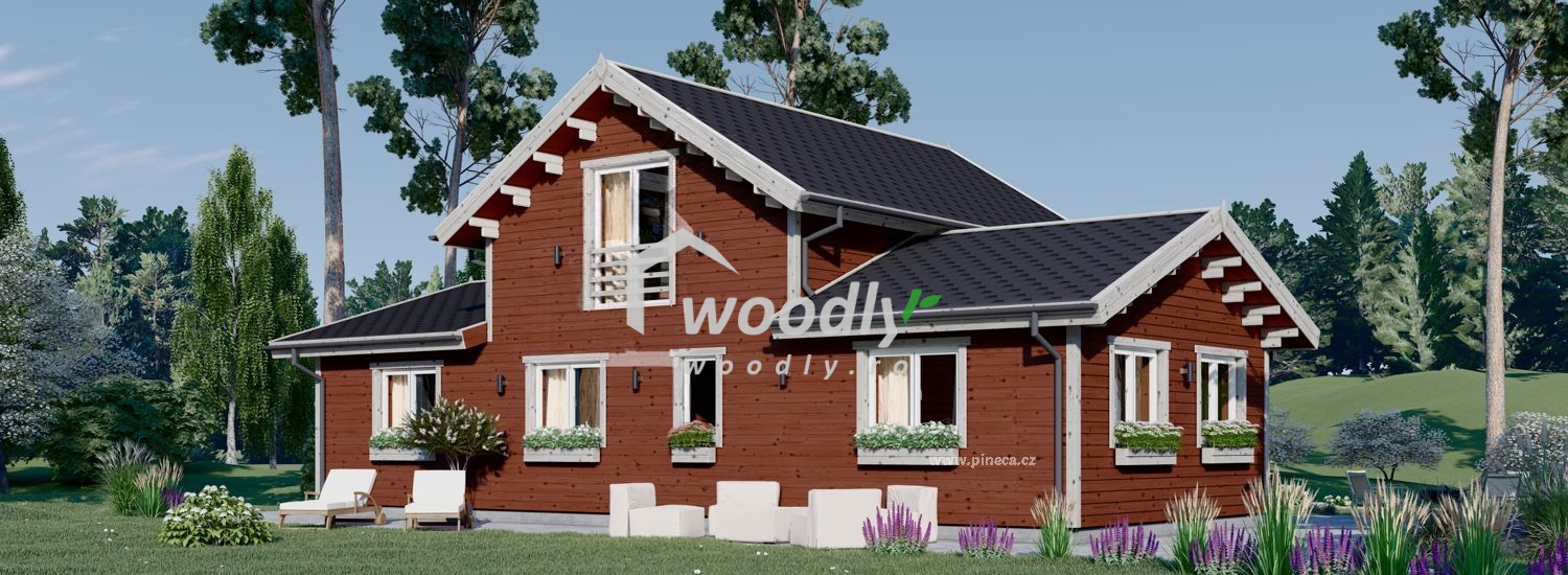 Casă din lemn izolată, 126mp, 6 camere, baie, terasa acoperita, veranda, mansarda, perete dublu de 44mm + Izolație + 44mm Pin Nordic, 9x6m, HOLLAND