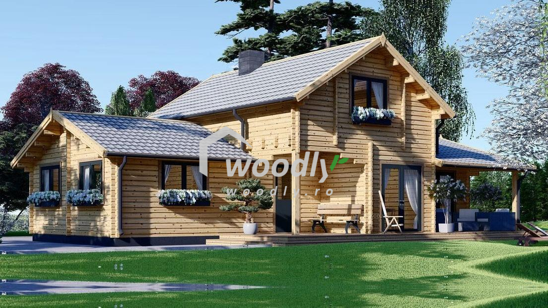 Casă din lemn izolată cu mansardă, 113 mp + 13 mp terasă acoperită, 4 camere, baie, verandă, perete dublu de 44mm + Izolație + 44mm Pin Nordic, 14x7m, HOLLAND