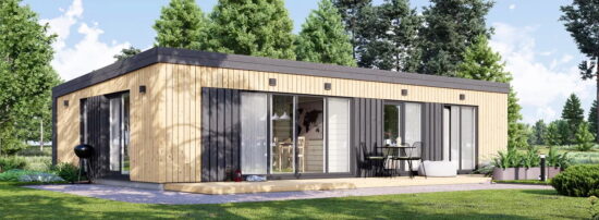 Casă din lemn izolată, 66mp, 3 camere, 2 băi, perete dublu 44mm + izolație + 20mm, 7x11m, CARLA