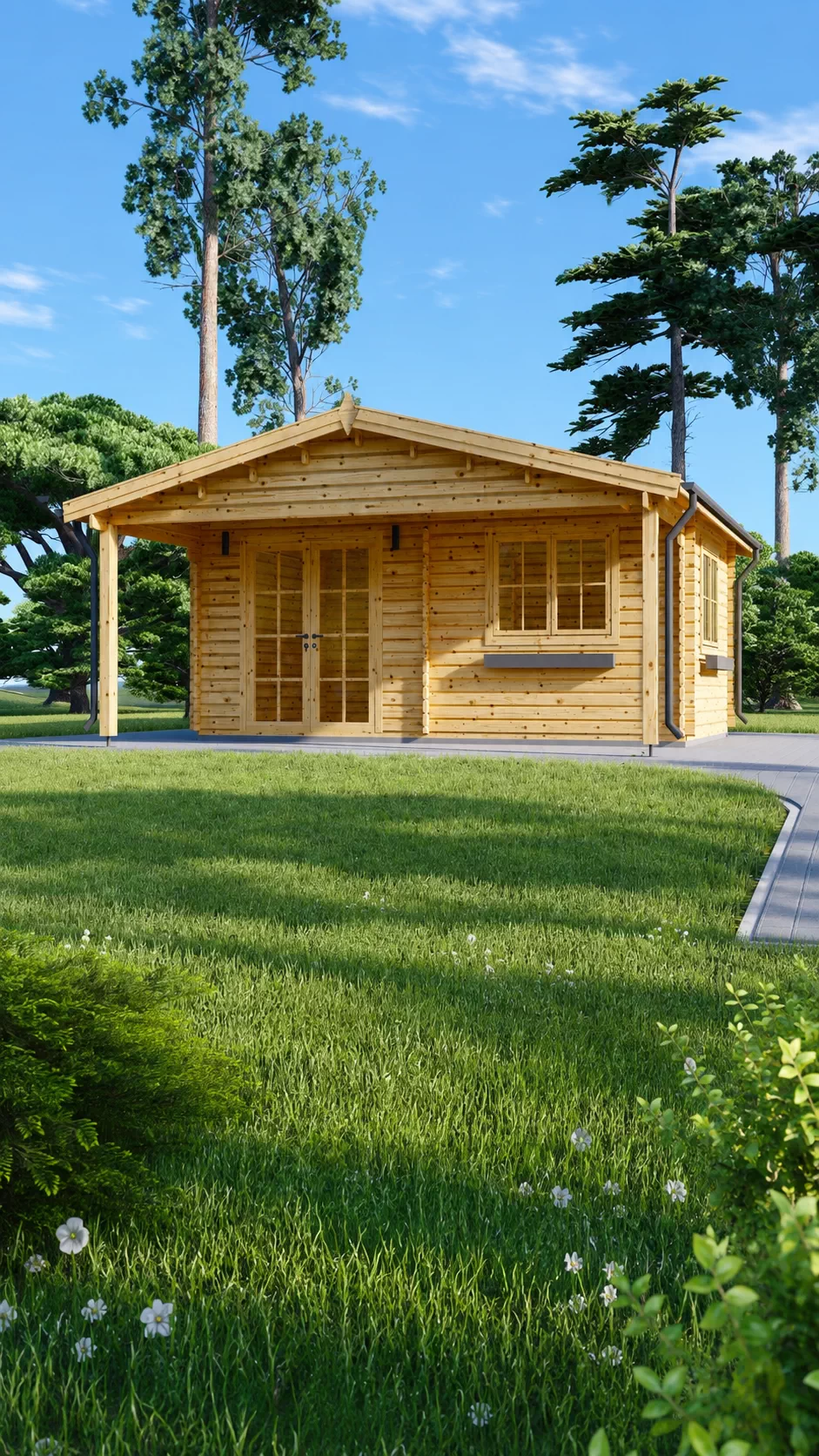 Casă din lemn modulară 36mp, cu living, veranda, prefabricată, izolată, 6x6m, pin nordic Finlanda, CAMILA