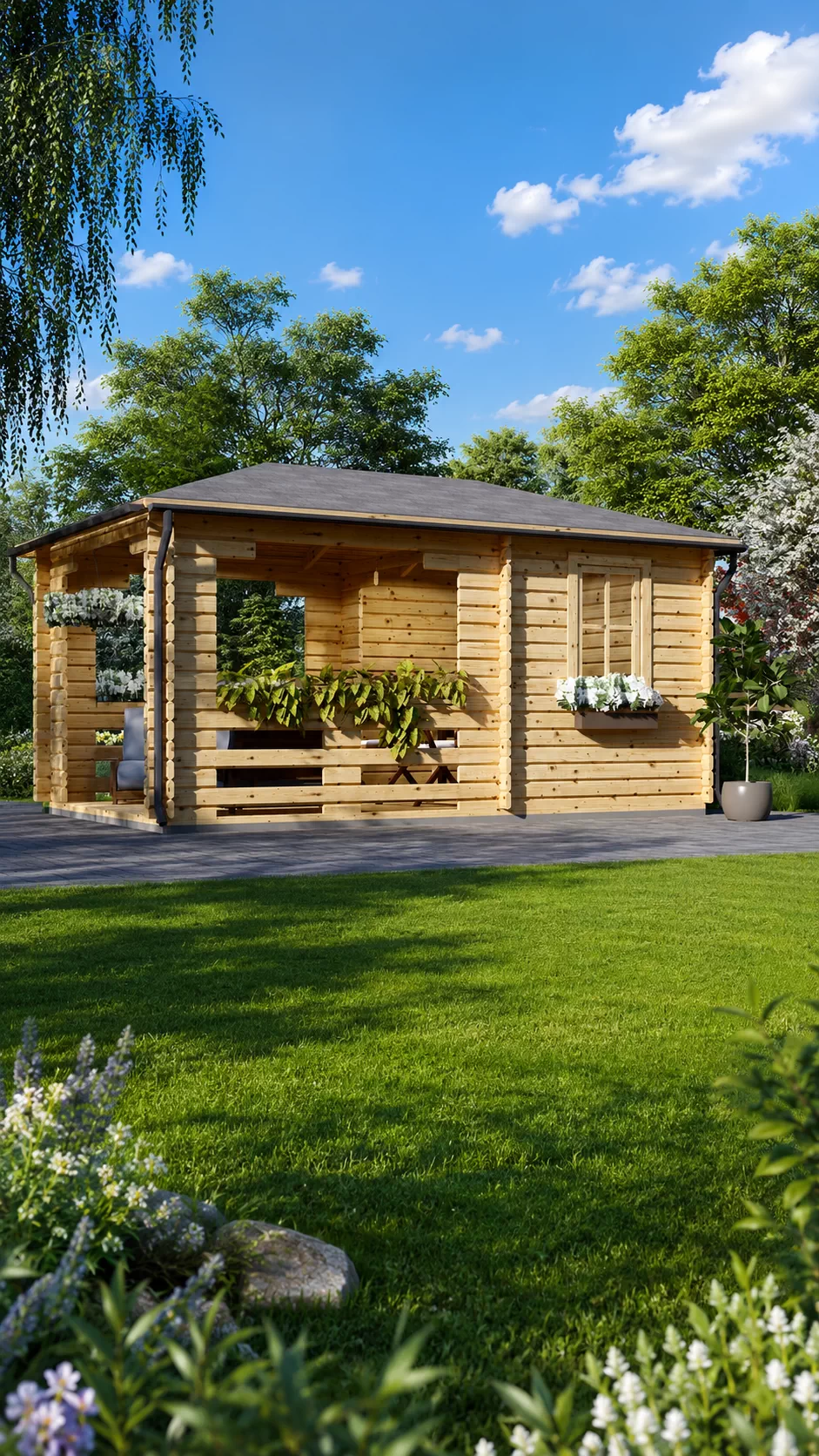 Foișor de grădină din lemn masiv de 28mm, 15mp, 3x5m, pin nordic Finlanda, FLORA