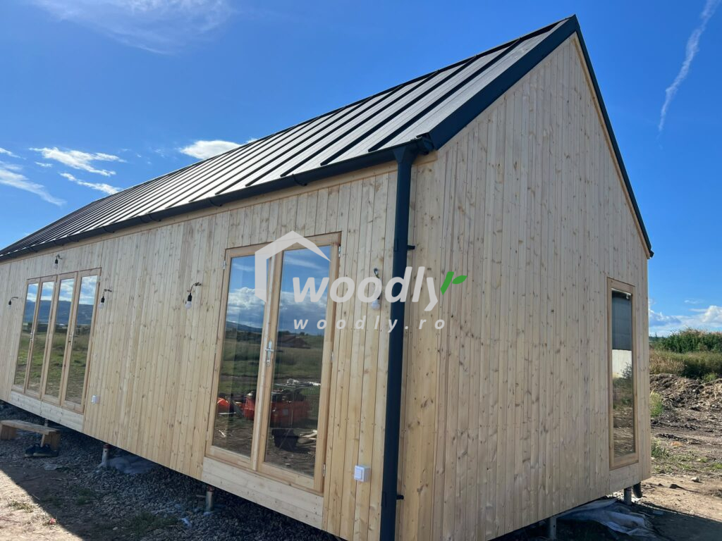 Montaj Cluj Mihai Viteazu - Casă din lemn izolată, 50mp, 3 camere, baie, 12x4m, perete dublu de 44mm + izolație + 20mm, Pin Nordic, ADALINE
