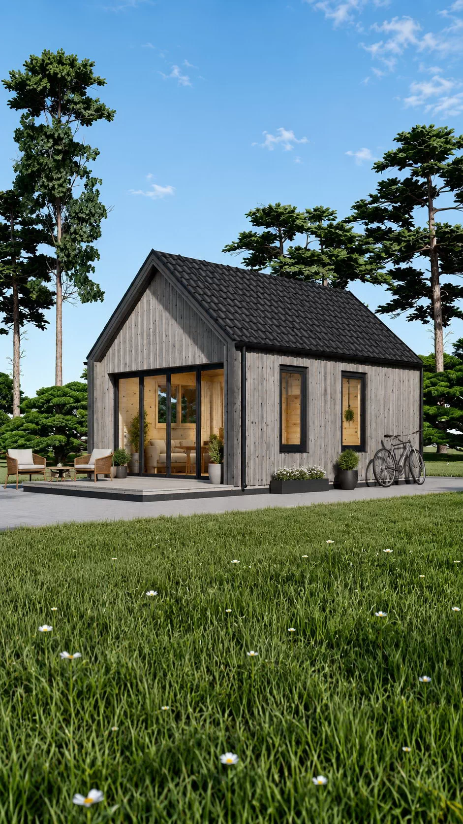 Casă din lemn la cheie, SALLY, modulară, izolată, 20mp, verandă, o cameră, baie, 4x5m, perete dublu de 44mm + izolație + 20mm, Pin Nordic