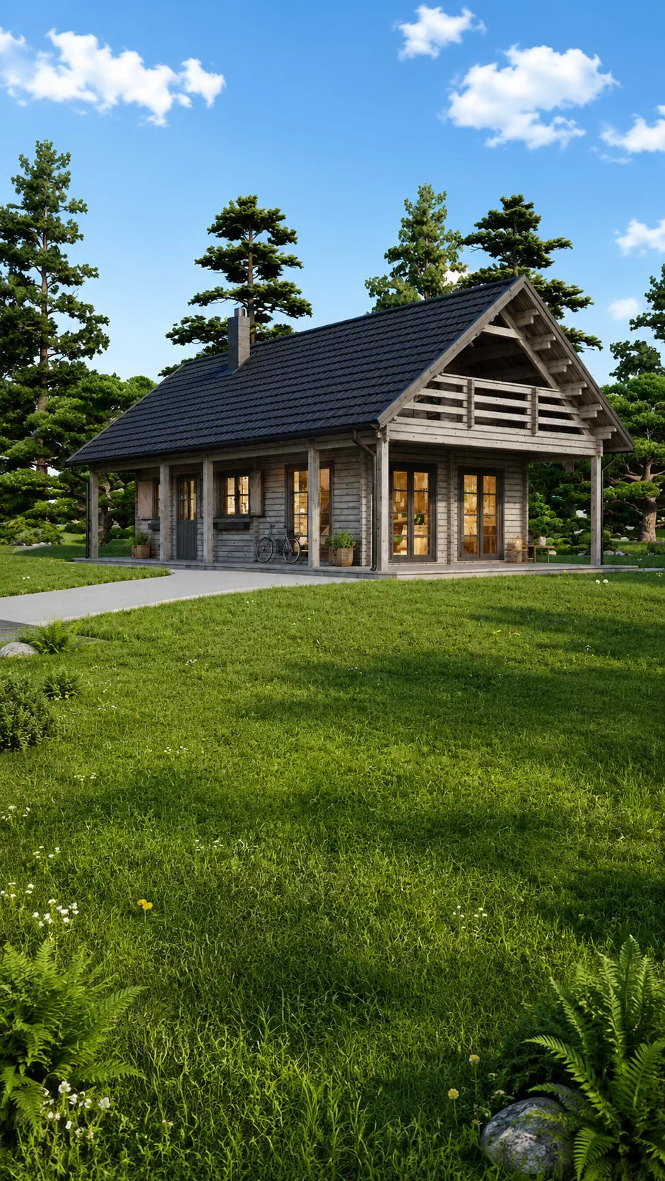 Casă din lemn la cheie, AURA, modulară, izolată, 100mp + 35 terasă, living, 3 dormitoare, baie, mansardată, perete dublu de 44mm + Izolație + 44mm, 12x6m