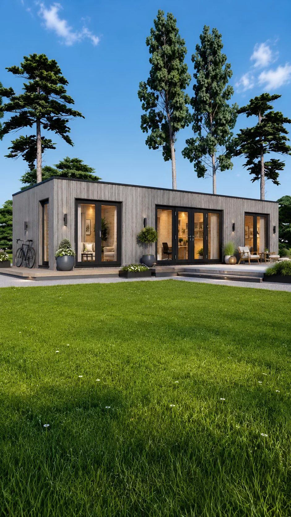 Casă din lemn la cheie, PREMIUM, modulară, izolată, 47mp, living, 2 dormitoare, baie 10x5m, perete dublu de 34mm + izolație + 20mm, Pin Nordic