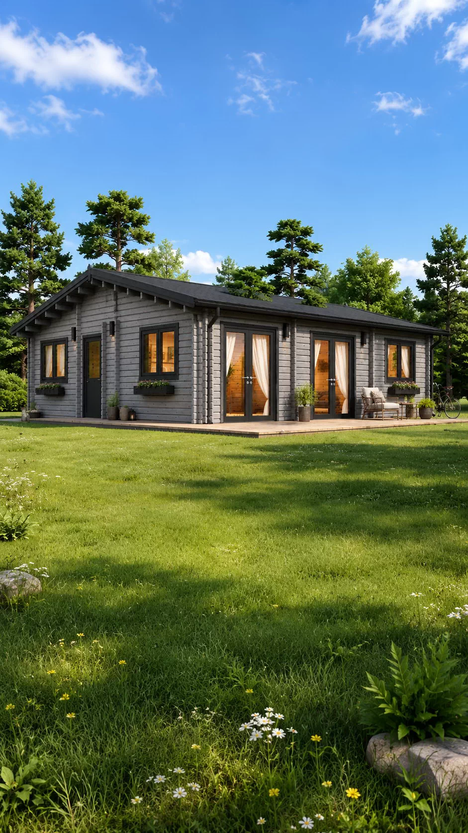 Casă din lemn modulară 72mp, cu living, 3 dormitoare, baie, prefabricată, izolată, 9x8m, pin nordic Finlanda, ALICE