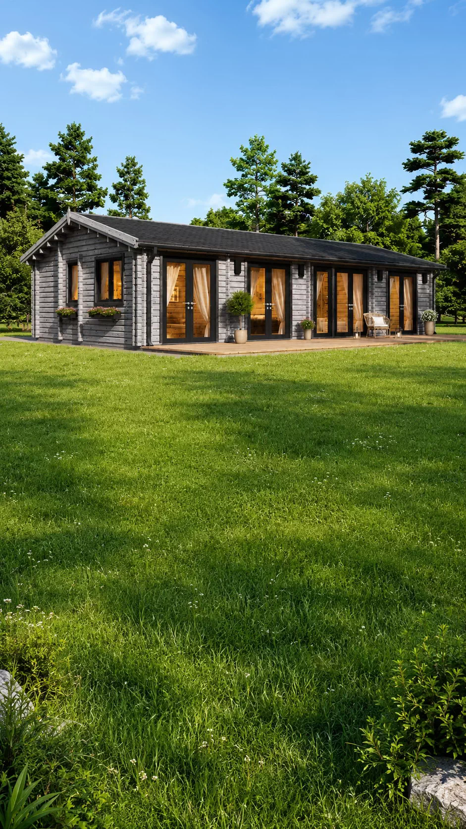 Casă din lemn la cheie, AGNES, modulară, izolată, 75mp, living, 3 dormitoare, 2 băi, perete dublu de 44mm + Izolație + 44mm, 13x6m