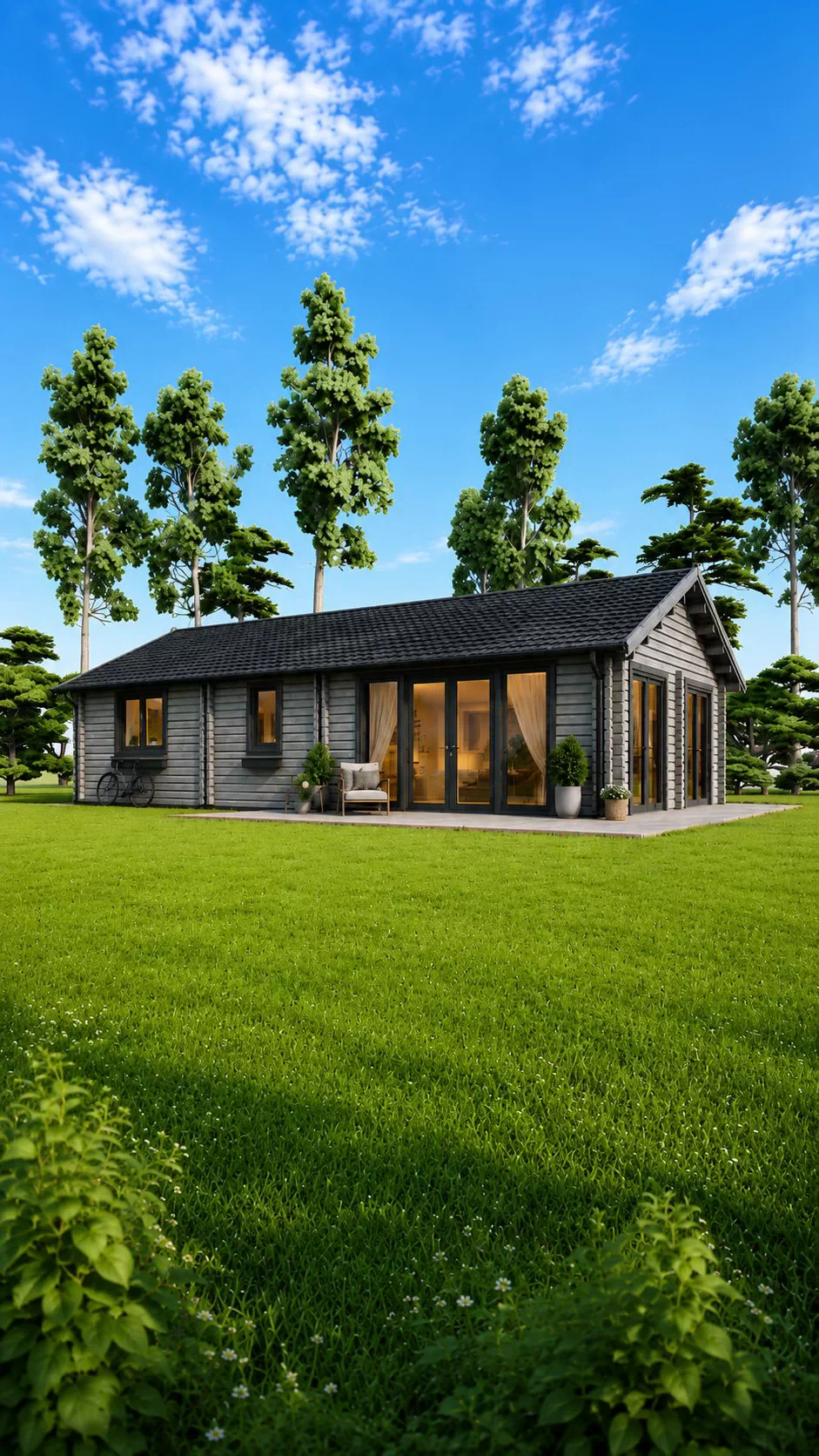Casă din lemn la cheie, ANICA, modulară, izolată, 71mp, living, 2 dormitoare, baie, perete dublu de 44mm + Izolație + 44mm, 12x6m,