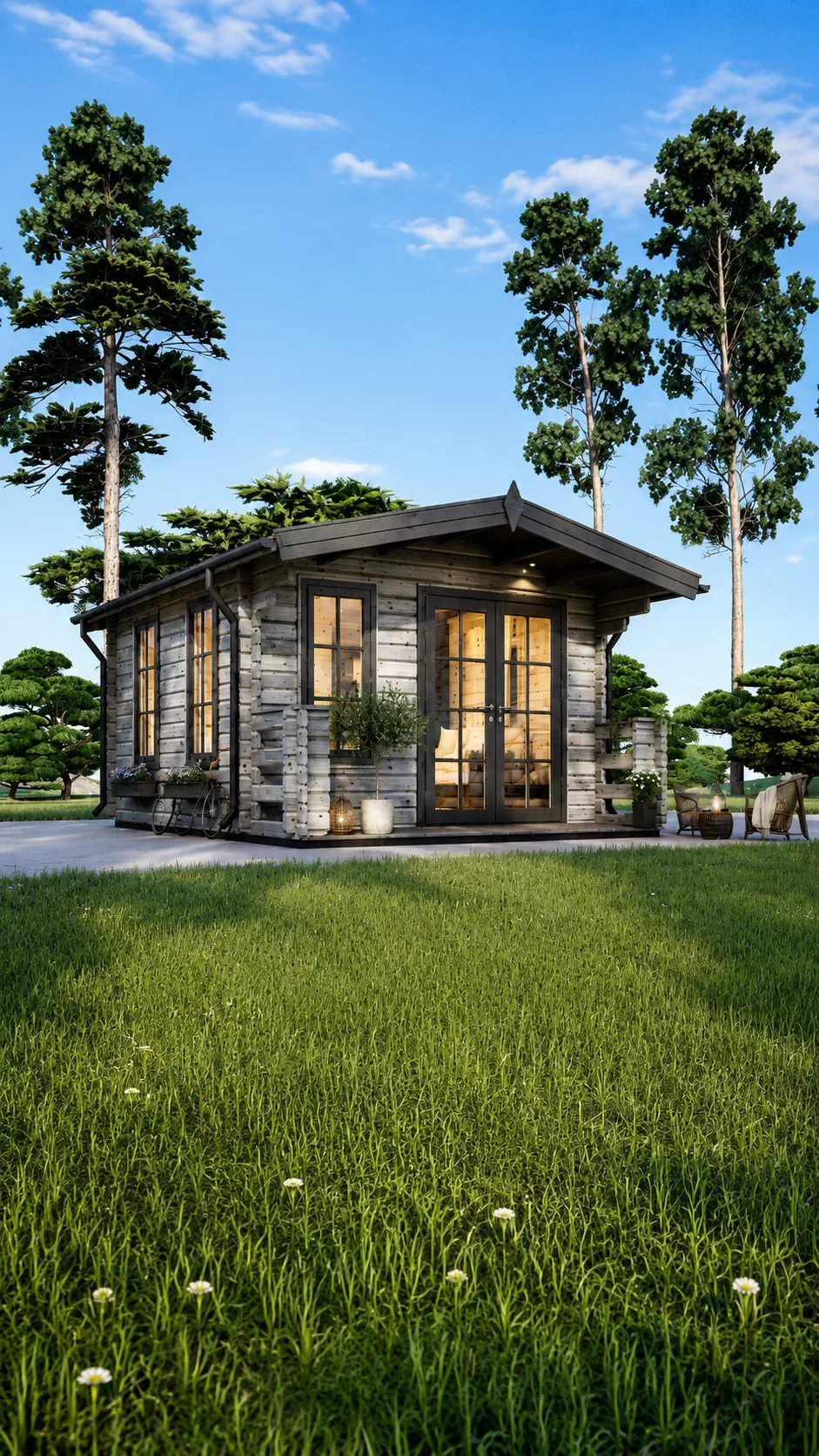 Căsuță de grădină din lemn la cheie, KING, modulară, 20 mp, 1 camere, veranda, perete unic de 44mm, 4x5m