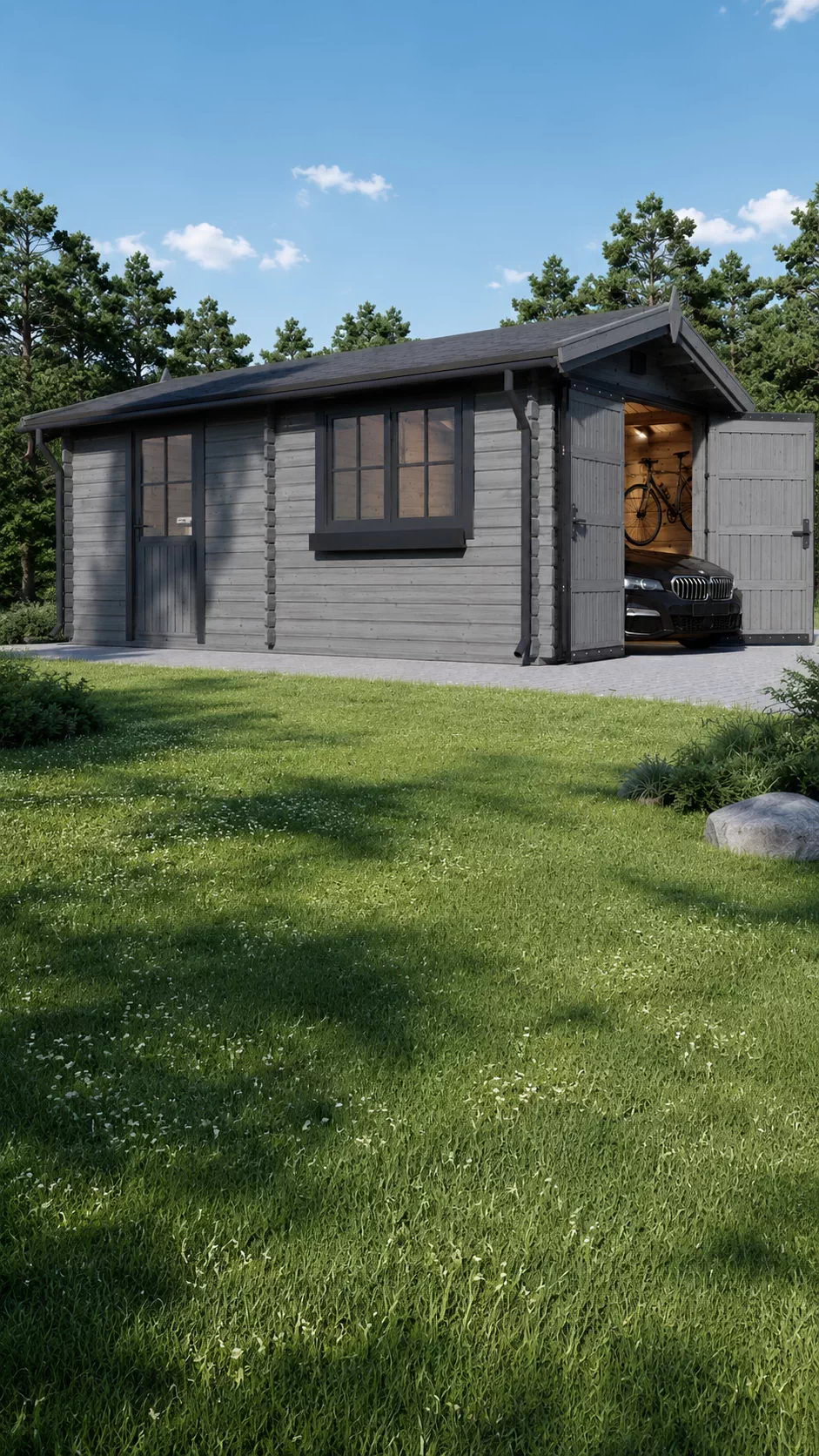 Garaj din lemn la cheie, CLASSIC, modular, 16 mp, perete unic de 44mm, 3x5m, Pin Nordic