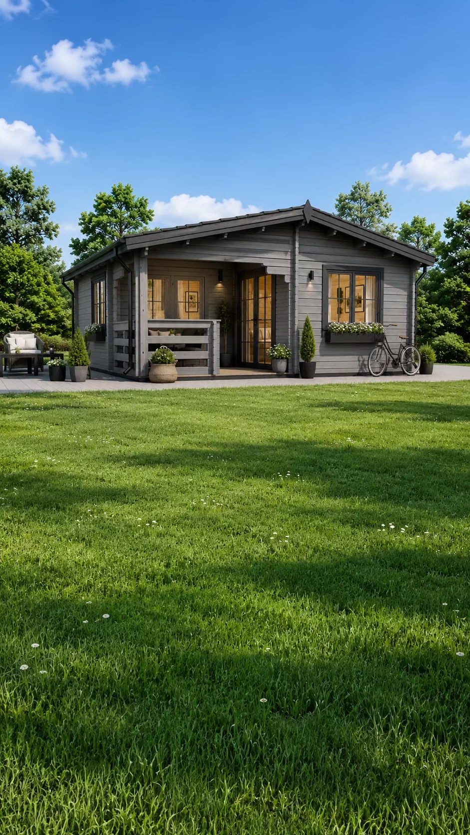 Cabană din lemn la cheie, OLIVIA, modulară, neizolată, 35mp, living, dormitor, baie, terasă, 6x6m, perete unic de 44mm