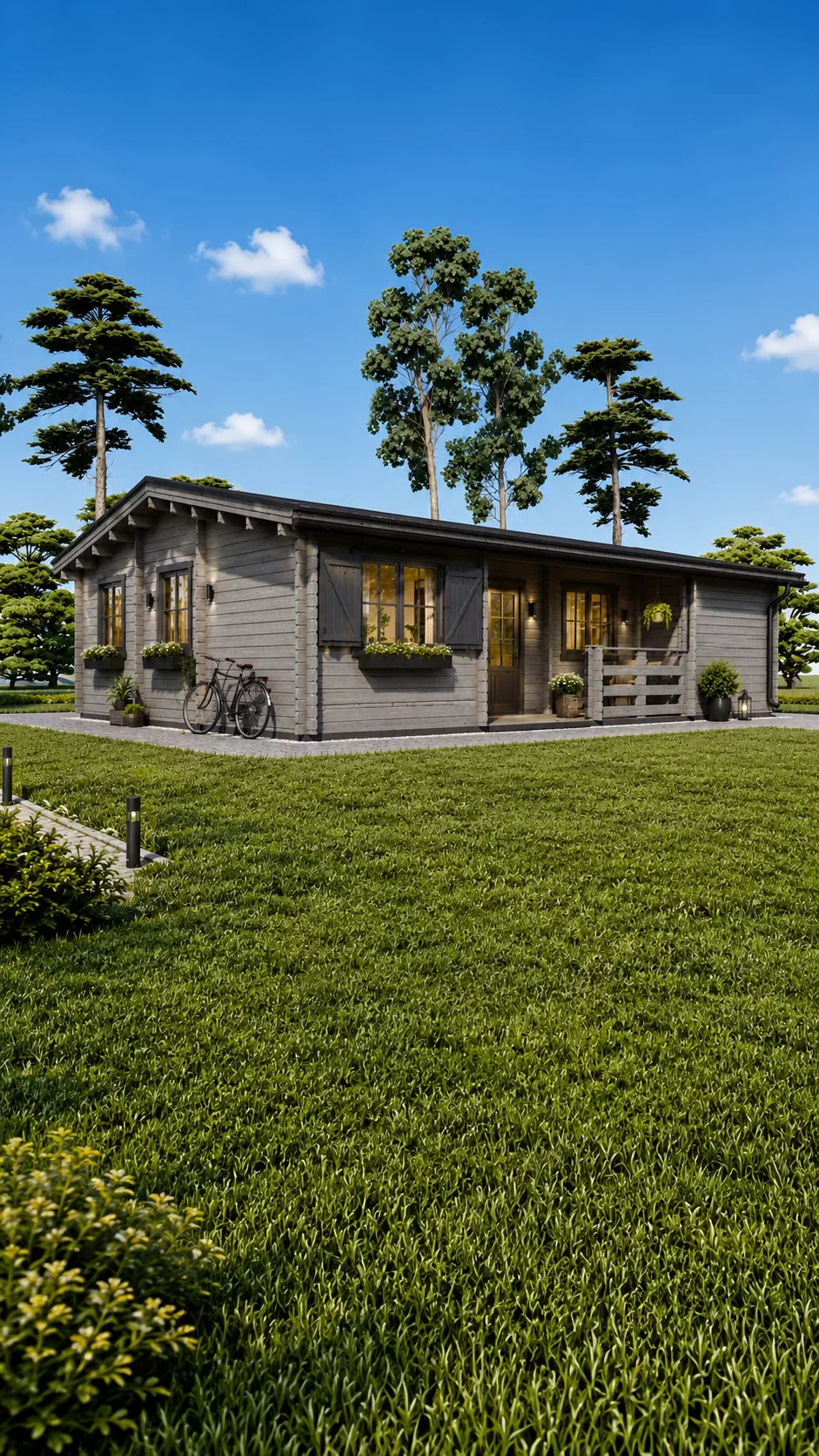 Casă din lemn la cheie, UZES, modulară, izolată, 70mp, living, 3 dormitoare, baie, verandă, terasă acoperită,10x7m, perete dublu 44mm + izolație + 44mm, Pin Nordic