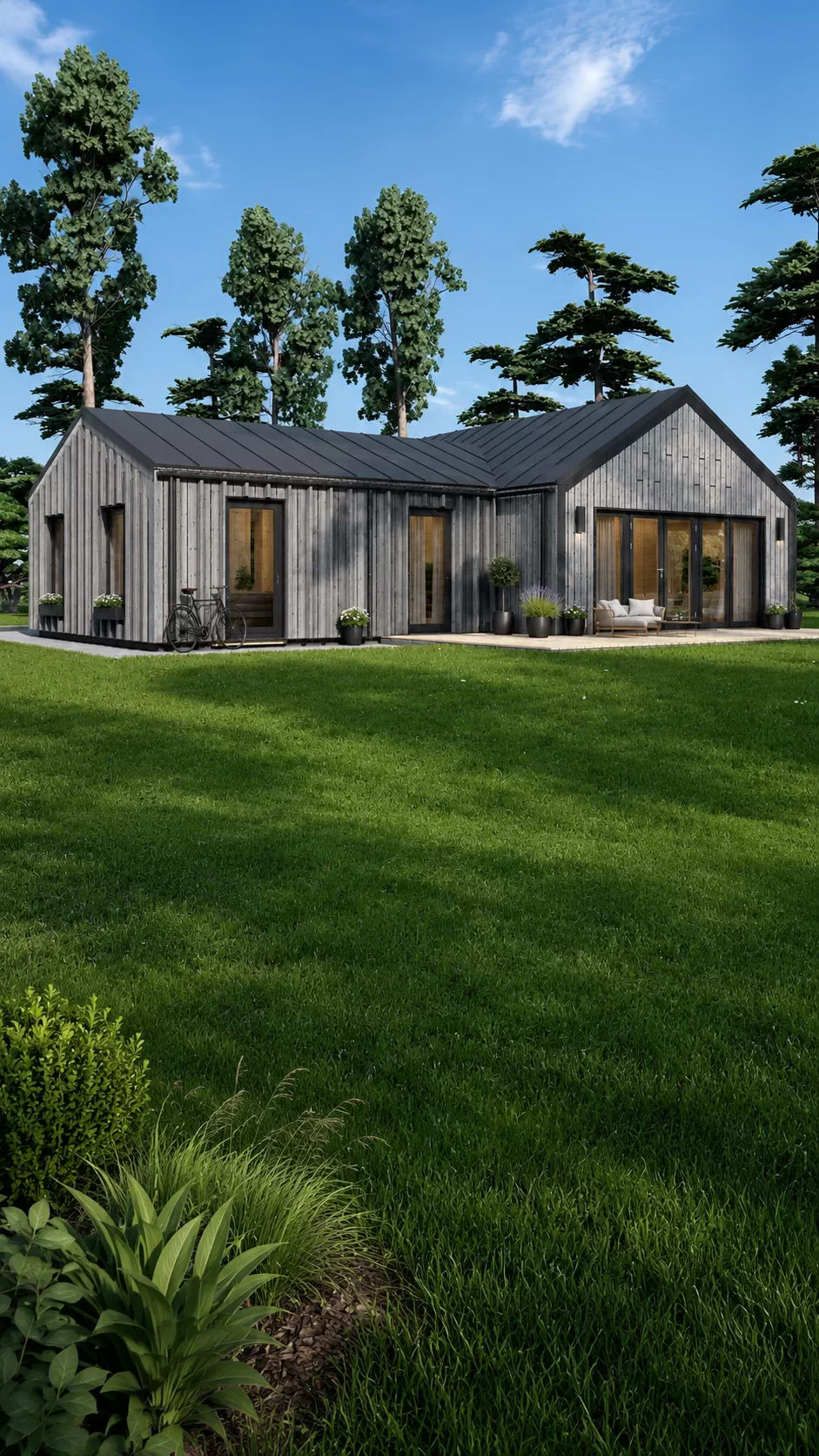 Casă din lemn la cheie, VALERI, modulară, izolată, 80mp, living, 2 dormitoare, 2 băi, magazie, dressing, 13x8m, perete dublu de 44mm + izolație + 20mm, Pin Nordic