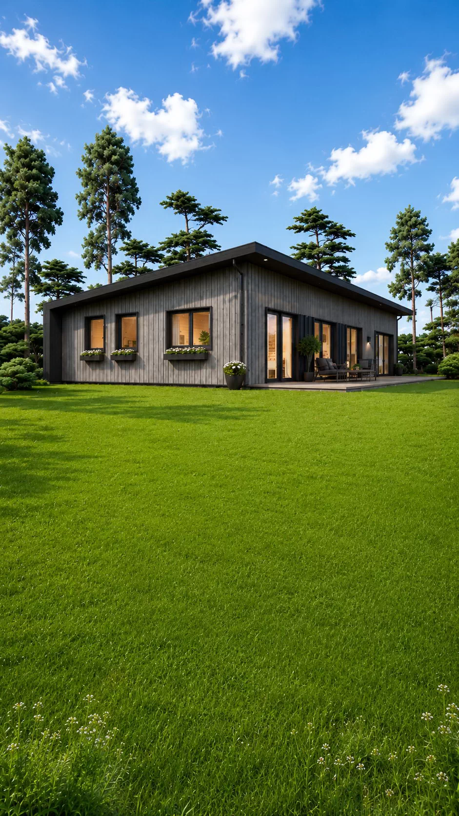 Casă din lemn la cheie, ZOE, modulară, izolată, 110mp, verandă, living, 3 dormitoare, 3 băi, cameră tehnică, dressing, 16x7m, perete dublu de 44mm + izolație + 20mm, Pin Nordic